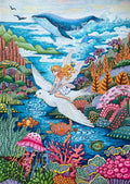 Original Kunst-Illustration einer Elfe auf einer Taube über dem Ozean für Diamond Painting
