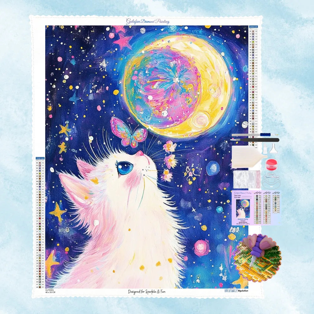 5D Diamond Painting Set mit einer weißen Katze, die zu einem bunten Mond und einem Schmetterling in der Galaxie aufblickt.