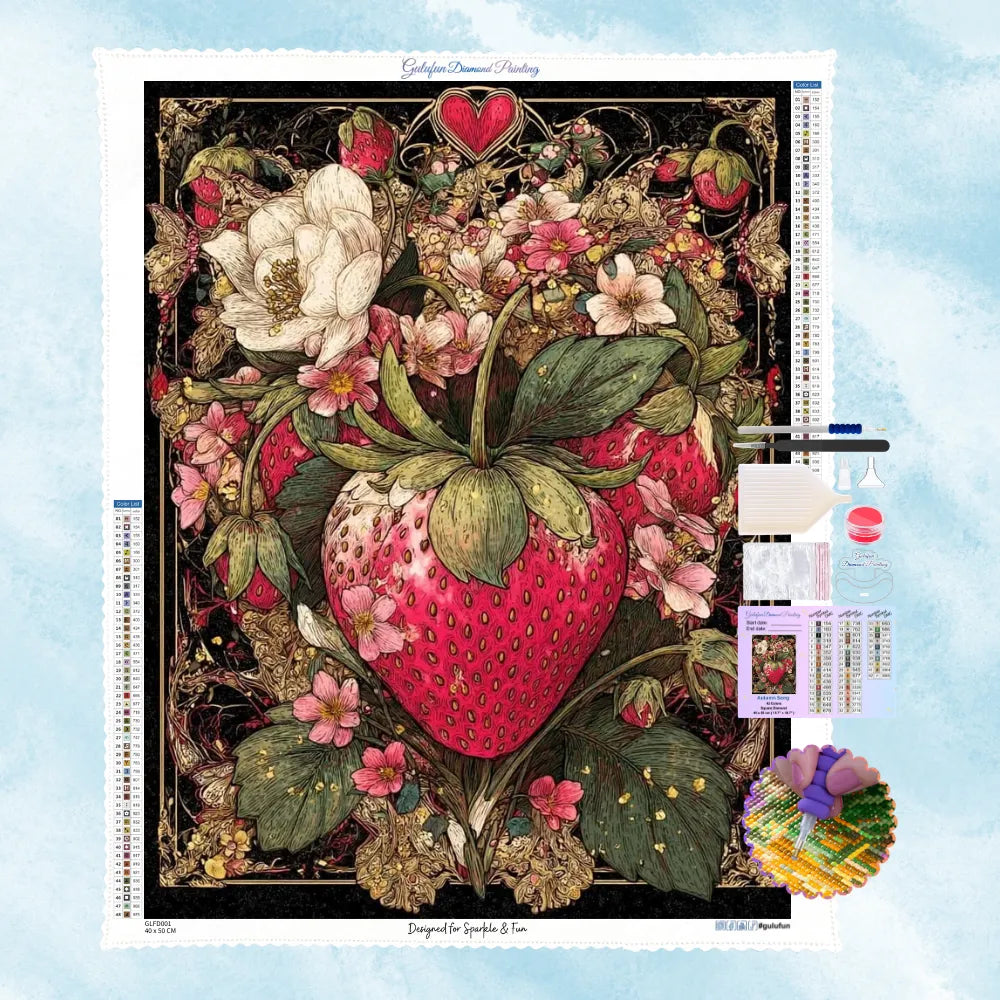 5D Diamond Painting Set mit detailreicher Erdbeere, Blüten und goldenen Verzierungen im klassischen Stil.