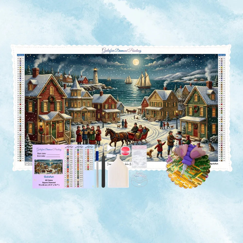 5D Diamond Painting Set mit verschneitem Küstendorf, Pferdeschlitten, Chor und Leuchtturm im Vollmondlicht.