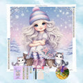 Diamond Painting Motiv eines süßen Mädchens in Winterkleidung mit zwei kleinen Katzen im Schnee