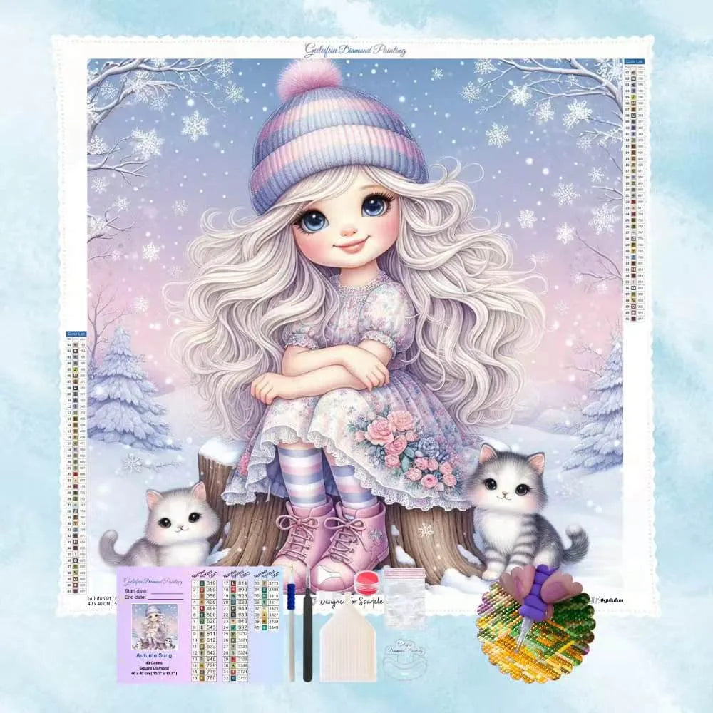 Diamond Painting Motiv eines süßen Mädchens in Winterkleidung mit zwei kleinen Katzen im Schnee