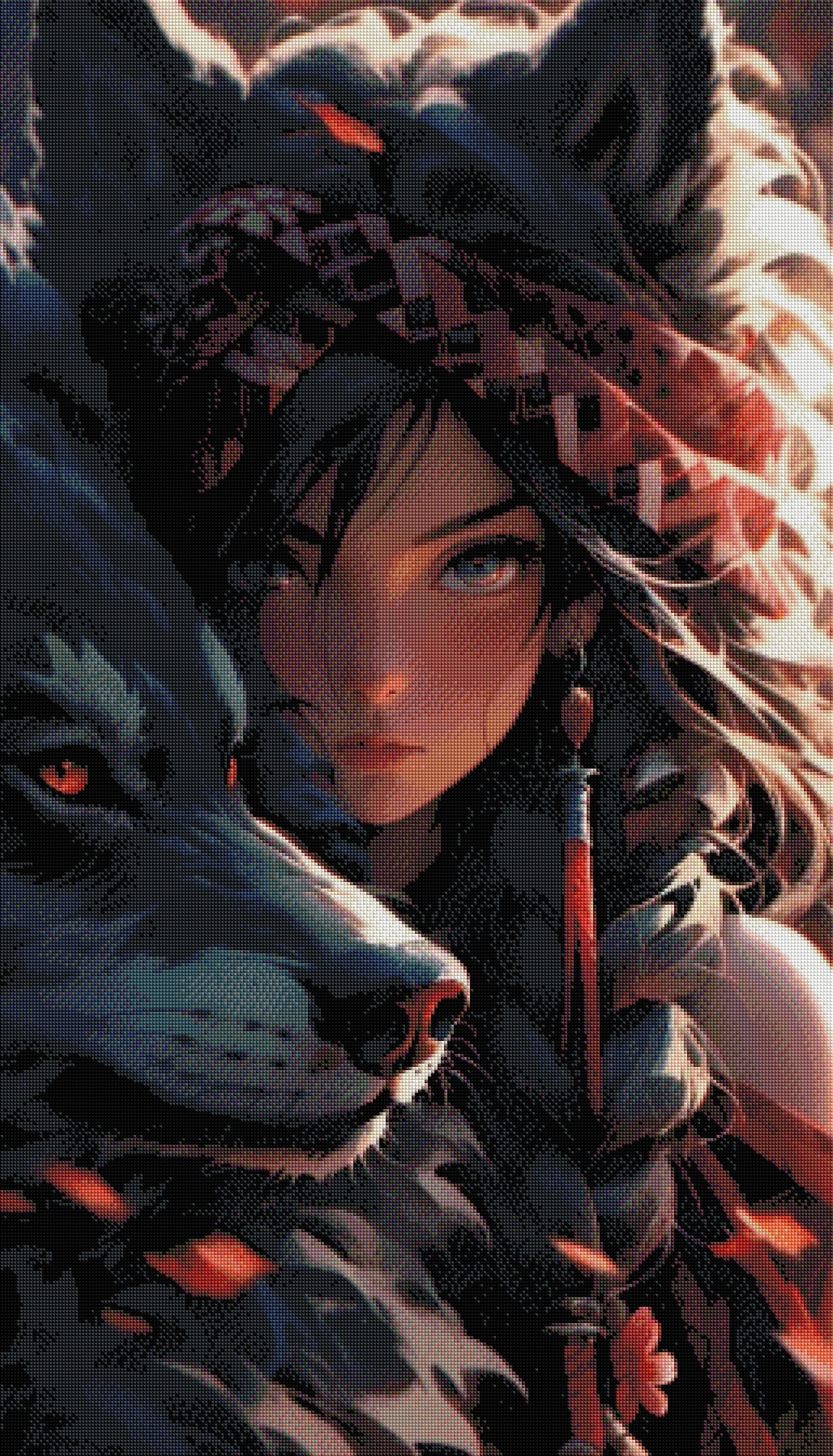 Gerahmtes 5D Diamond Painting Wandbild mit dem Motiv einer mystischen Wolfsschamanin zur Raumdekoration.