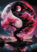 Gerahmtes 5D Diamond Painting Wandbild mit dem Motiv eines Yin Yang Sakura zur Raumdekoration.