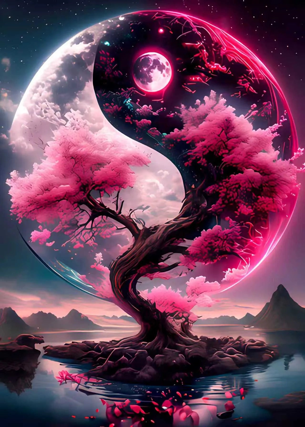 Nahaufnahme der rosa Steine und der Premium Leinwand für das Yin Yang Sakura Diamond Painting Set