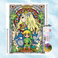 5D Diamond Painting Motiv von Link und Prinzessin Zelda im farbenfrohen Mosaikfenster-Stil mit Schwert und Schloss