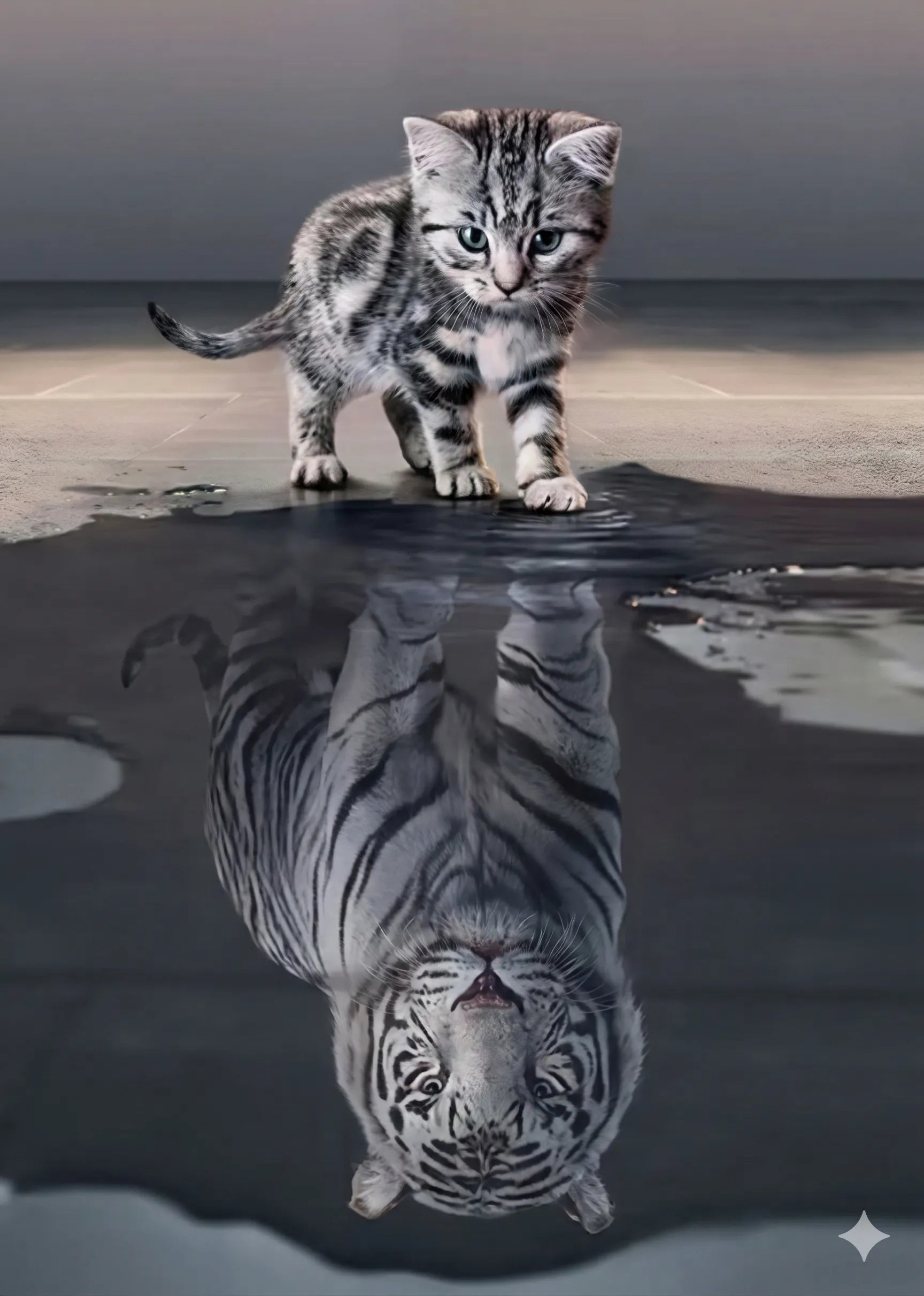 Nahaufnahme der funkelnden Steine und der realistischen Wasserreflexion für das Katze und Tiger Set