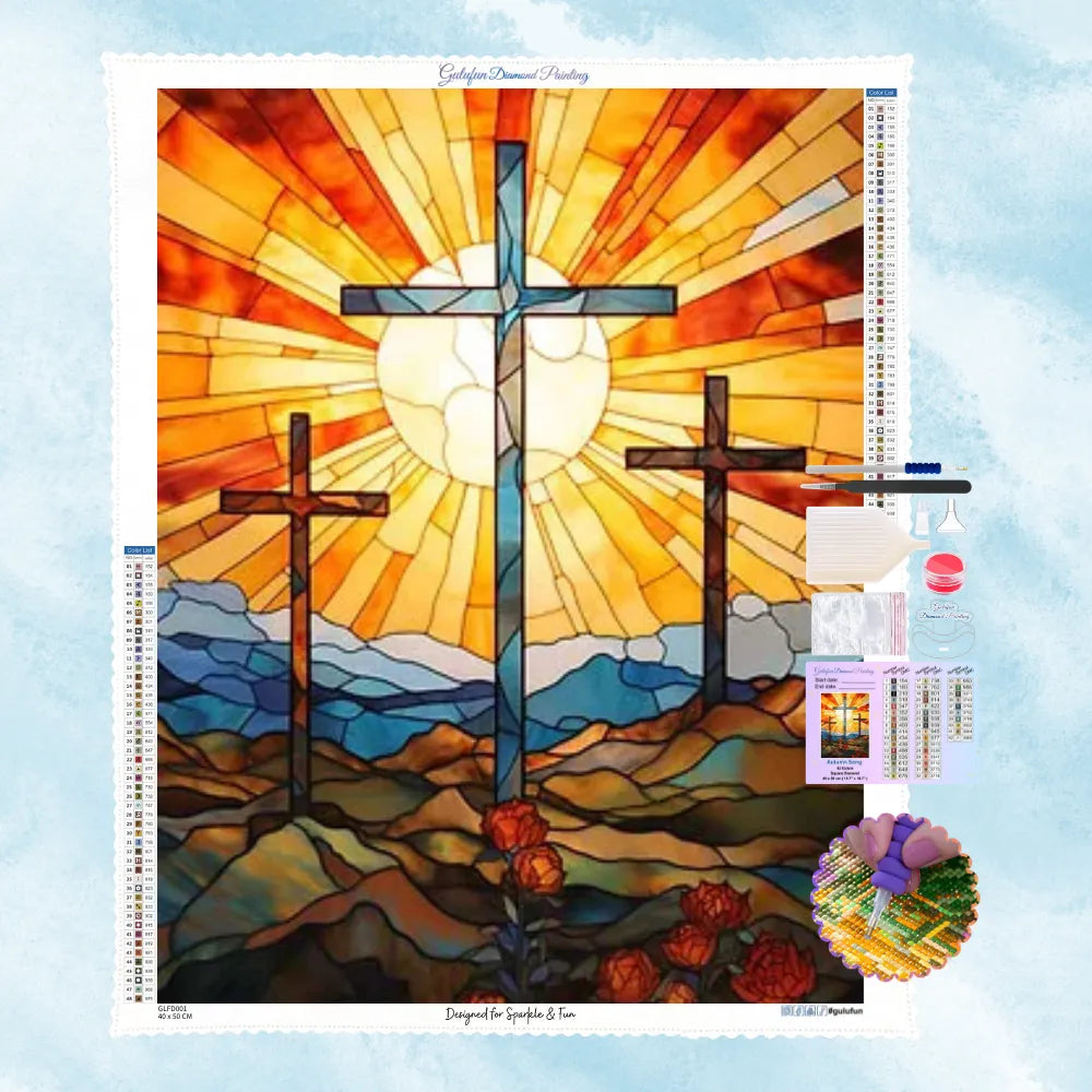 5D Diamond Painting Motiv: Drei Kreuze auf einem Hügel im leuchtenden Kirchenfenster-Stil bei Sonnenaufgang.
