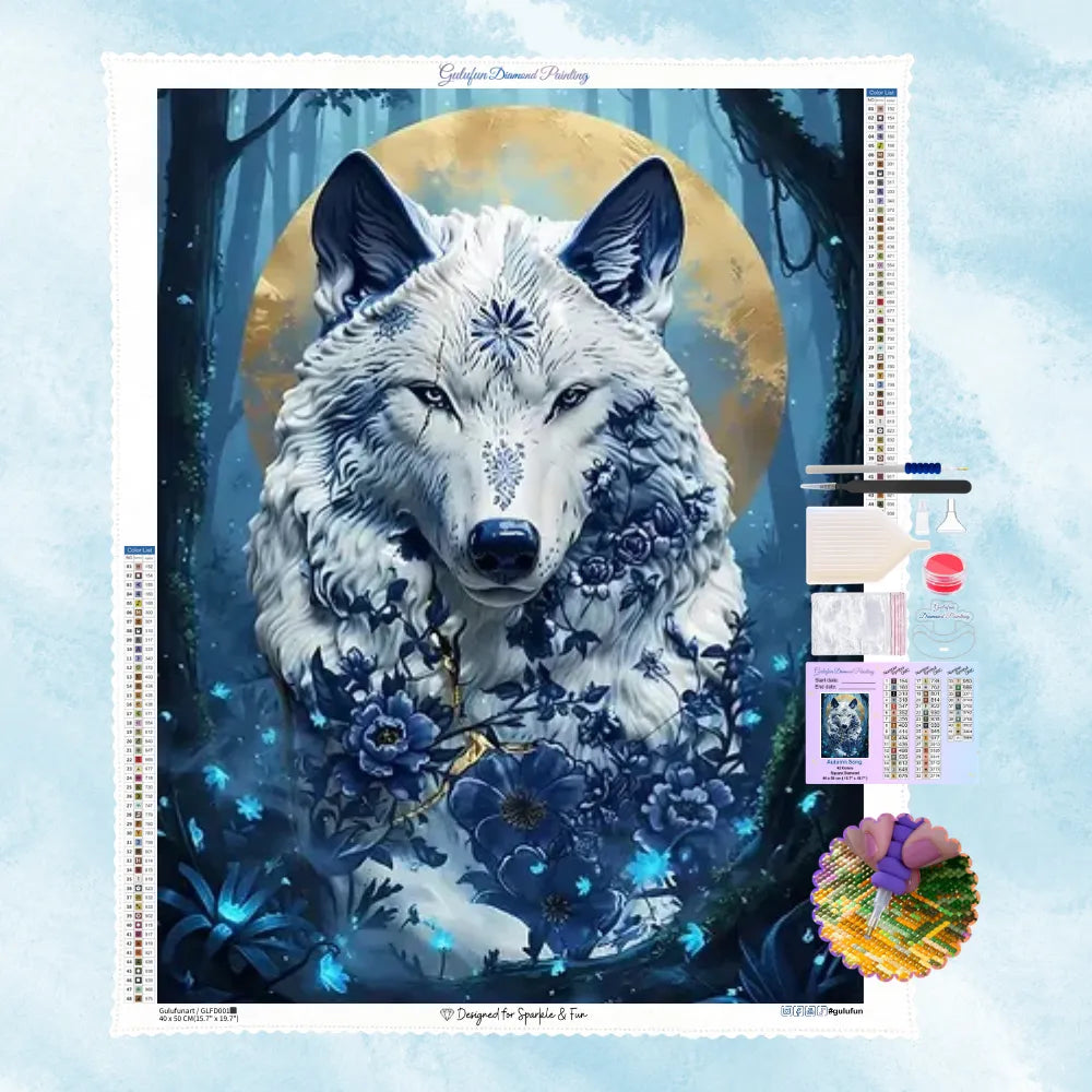 5D Diamond Painting Motiv: Ein majestätischer weißer Wolf mit tiefblauen floralen Mustern auf dem Fell, der vor einem leuchtend goldenen Mond im dunklen Wald steht.