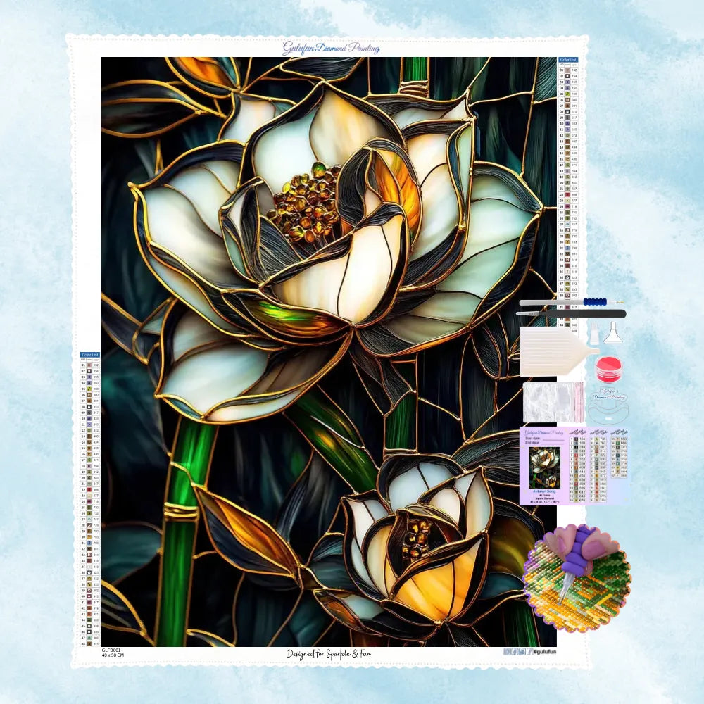 5D Diamond Painting Motiv: Elegante weiße Lotusblüten mit goldenen Konturen im klassischen Buntglas-Stil vor dunkelgrünem Hintergrund.