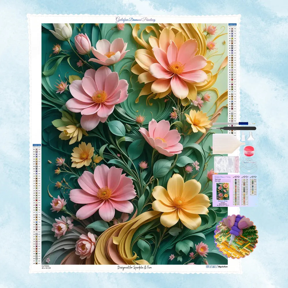 5D Diamond Painting Motiv: Elegante, geschwungene Blumen in Rosa und Pastellgelb auf mintgrünem Grund, gestaltet in einer realistischen 3D-Papierkunst-Optik.