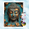 5D Diamond Painting Motiv: Ein friedvoller Buddha-Kopf in antiker Bronze-Optik vor einem strukturierten, türkisfarbenen Hintergrund mit goldenen Blüten.