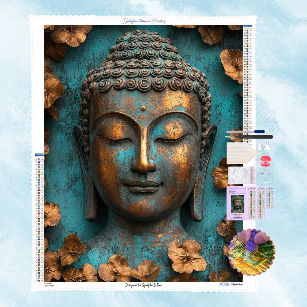 5D Diamond Painting Motiv: Ein friedvoller Buddha-Kopf in antiker Bronze-Optik vor einem strukturierten, türkisfarbenen Hintergrund mit goldenen Blüten.