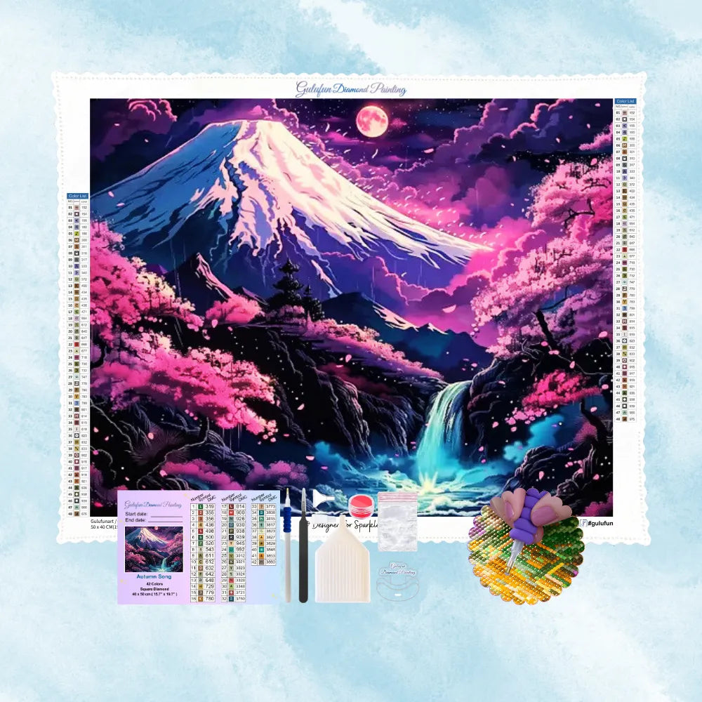 5D Diamond Painting Motiv: Der Berg Fuji bei Nacht mit Kirschblüten, einem Wasserfall und Vollmond in lila Farbtönen.