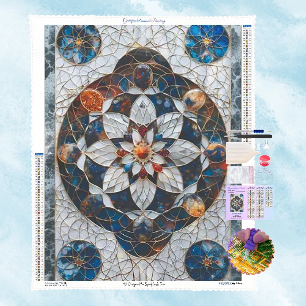 5D Diamond Painting Motiv: Ein komplexes geometrisches Mandala mit Galaxie-Mustern, Goldlinien und funkelnden Edelstein-Effekten in Blau und Gold.