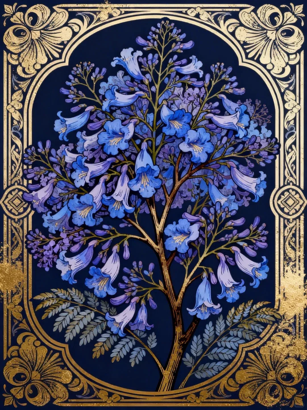 Nahaufnahme der glänzenden Steine und der goldenen antiken Ornamente für das blaue Blumen Set