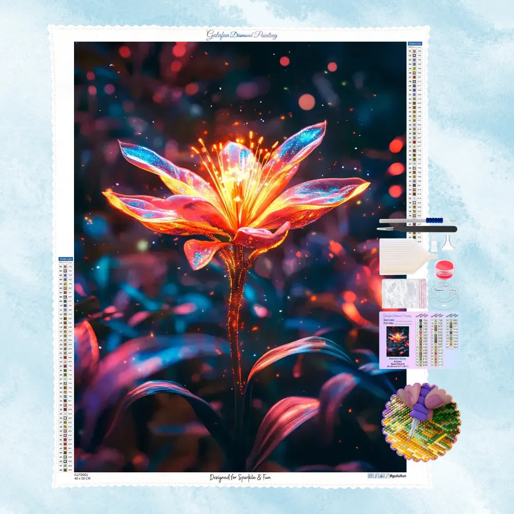 5D Diamond Painting Motiv: Eine magisch glühende Blume in Neon-Orange und Blau, umgeben von leuchtenden Funken und Sternenstaub.