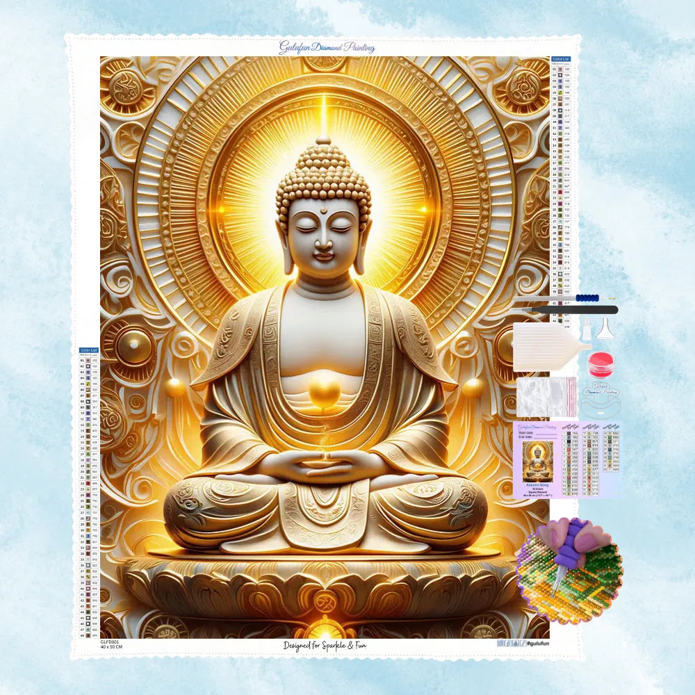 5D Diamond Painting Motiv: Ein meditierender goldener Buddha vor einem strahlenden Mandala mit opulenter 3D-Relief-Optik.