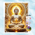 5D Diamond Painting Motiv: Ein meditierender goldener Buddha vor einem strahlenden Mandala mit opulenter 3D-Relief-Optik.