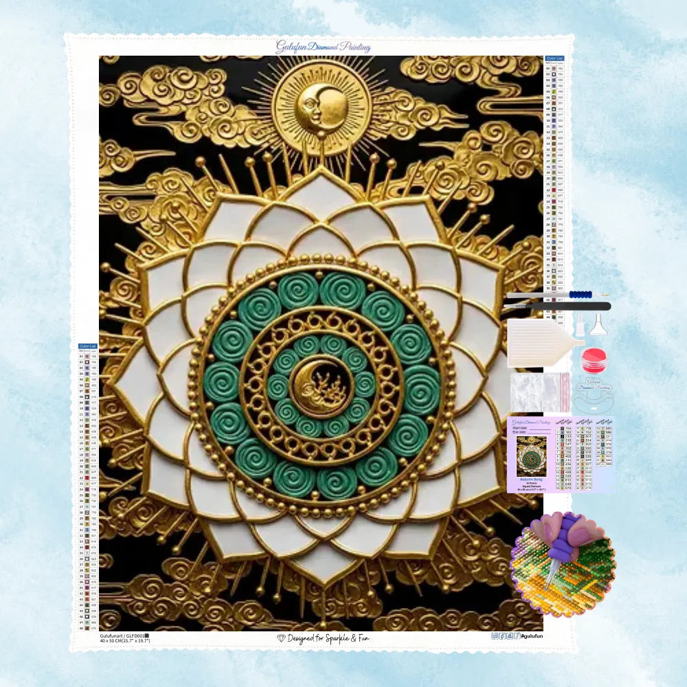 5D Diamond Painting Motiv: Ein prächtiges goldenes Lotus-Mandala mit Sonne- und Mond-Symbolen sowie smaragdgrünen Spiralen vor schwarzem Hintergrund.