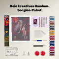 Lieferumfang des Gulufunart Diamond Painting Sets Dämonen Prinzessin (GLFD008): Hochwertige Samt-Leinwand, bunte Diamanten-Beutel, Werkzeugstift mit ergonomischem Griff, Schüttelschale, Wachsdosen und Zubehör auf hellem Hintergrund.