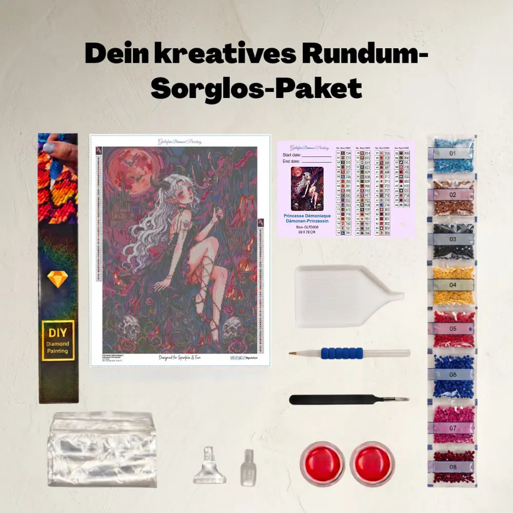 Lieferumfang des Gulufunart Diamond Painting Sets Dämonen Prinzessin (GLFD008): Hochwertige Samt-Leinwand, bunte Diamanten-Beutel, Werkzeugstift mit ergonomischem Griff, Schüttelschale, Wachsdosen und Zubehör auf hellem Hintergrund.