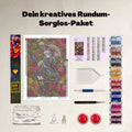 Lieferumfang des Gulufunart Diamond Painting Sets Die Ewige Rose (GLFD007): Hochwertige Samt-Leinwand, bunte Diamanten-Beutel, Werkzeugstift mit ergonomischem Griff, Schüttelschale, Wachsdosen und Zubehör auf hellem Hintergrund.
