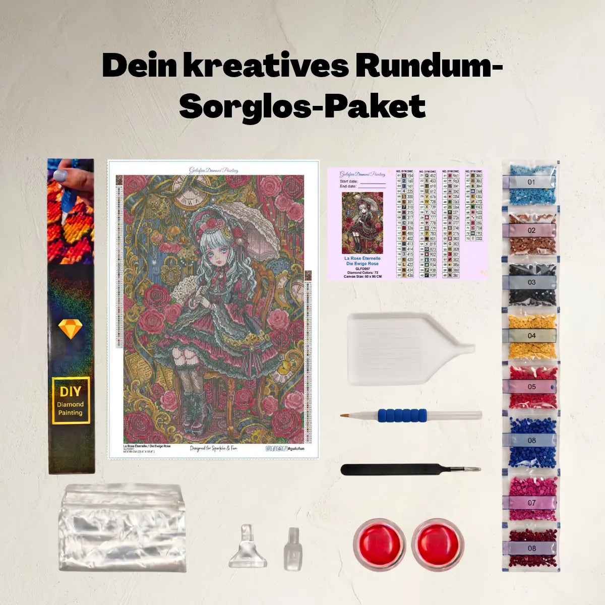Lieferumfang des Gulufunart Diamond Painting Sets Die Ewige Rose (GLFD007): Hochwertige Samt-Leinwand, bunte Diamanten-Beutel, Werkzeugstift mit ergonomischem Griff, Schüttelschale, Wachsdosen und Zubehör auf hellem Hintergrund.