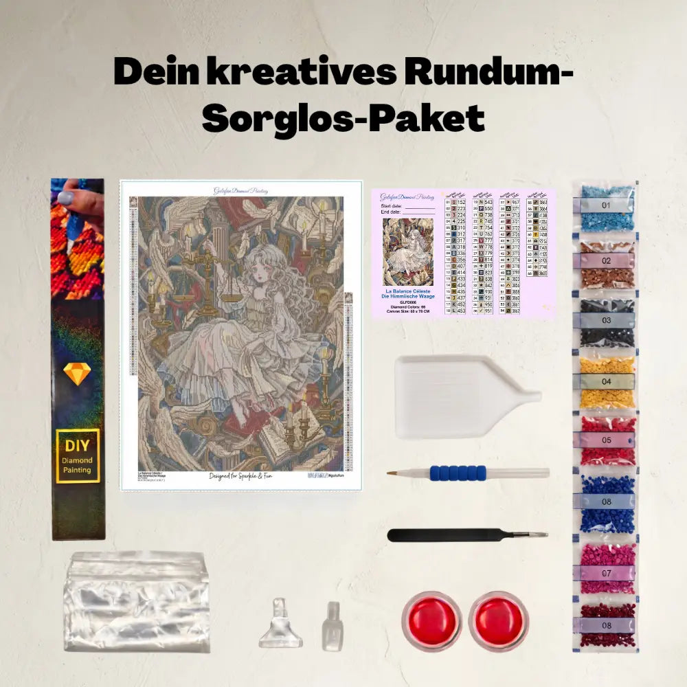 Lieferumfang des Gulufunart Diamond Painting Sets Die Himmlische Waage (GLFD006): Hochwertige Samt-Leinwand, bunte Diamanten-Beutel, Werkzeugstift mit ergonomischem Griff, Schüttelschale, Wachsdosen und Zubehör auf hellem Hintergrund.