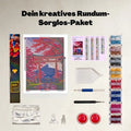 Lieferumfang des Gulufunart Diamond Painting Sets Fuji & Kirschblüten (GLFD004): Hochwertige Samt-Leinwand, bunte Diamanten-Beutel, Werkzeugstift mit ergonomischem Griff, Schüttelschale, Wachsdosen und Zubehör auf hellem Hintergrund.