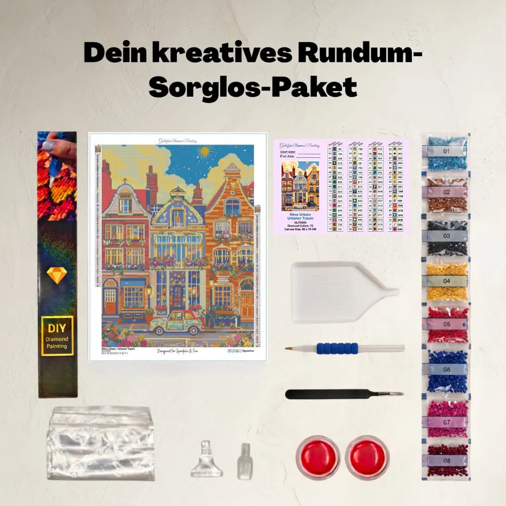 Lieferumfang des Gulufunart Diamond Painting Sets Urbaner Traum (GLFD005): Hochwertige Samt-Leinwand, bunte Diamanten-Beutel, Werkzeugstift mit ergonomischem Griff, Schüttelschale, Wachsdosen und Zubehör auf hellem Hintergrund.