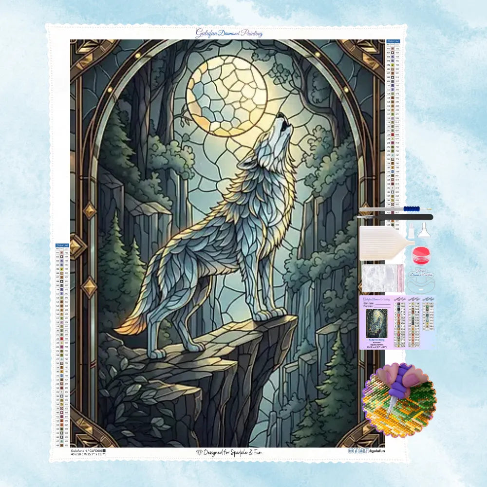 5D Diamond Painting Motiv: Ein heulender Wolf auf einer Klippe unter einem hellen Vollmond, gestaltet im antiken Buntglas- und Mosaik-Design.