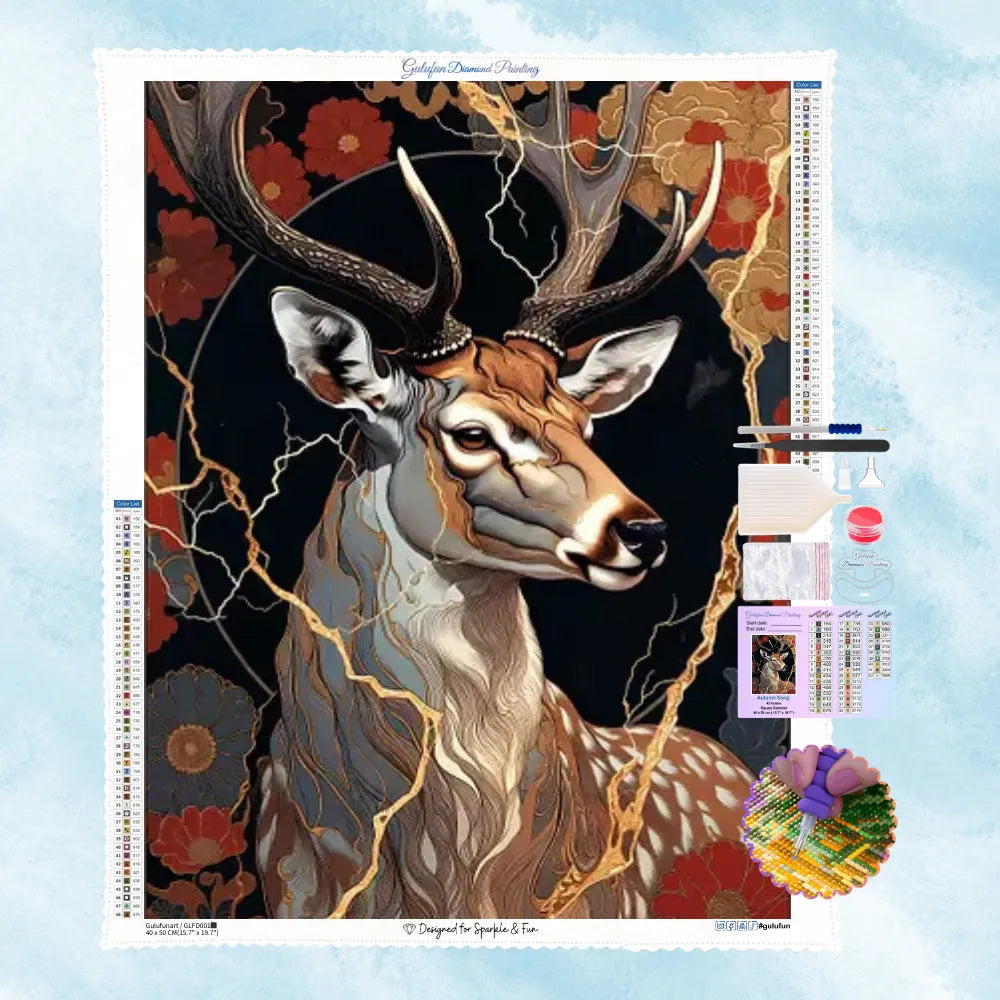 5D Diamond Painting Motiv: Ein majestätischer Hirsch mit goldenen Kintsugi-Rissen und roten Blumen im japanischen Grafikstil.