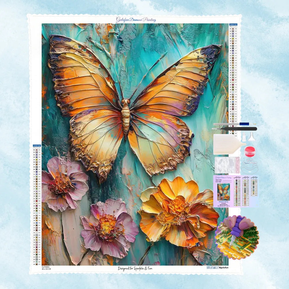 5D Diamond Painting Motiv: Ein farbenprächtiger Schmetterling und Blumen, gemalt im stark strukturierten Impasto-Ölgemälde-Stil (Spachteltechnik) auf türkisem Grund.