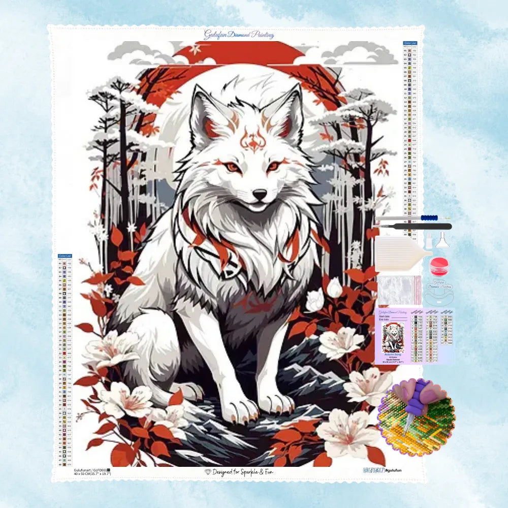 5D Diamond Painting Motiv: Ein mythischer weißer Fuchs mit roten Markierungen sitzt im asiatischen Stil vor einer großen roten Sonne und weißen Blumen.