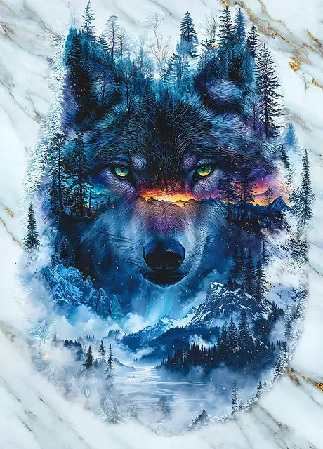 Nahaufnahme der funkelnden Steine und der goldenen Marmor-Details für das Wolfsgeist Set