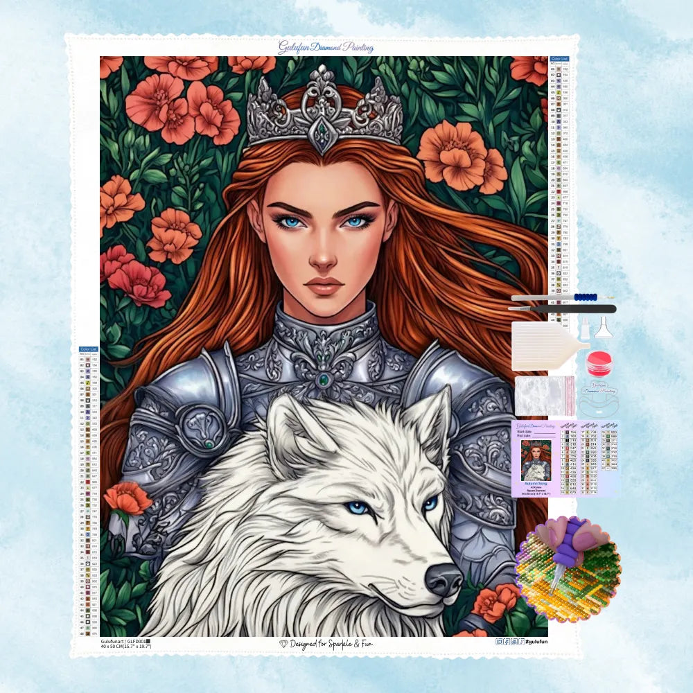 5D Diamond Painting Motiv: Eine majestätische rothaarige Kriegerin in silberner Rüstung mit Krone, die schützend hinter einem weißen Wolf vor leuchtend roten Blumen steht.