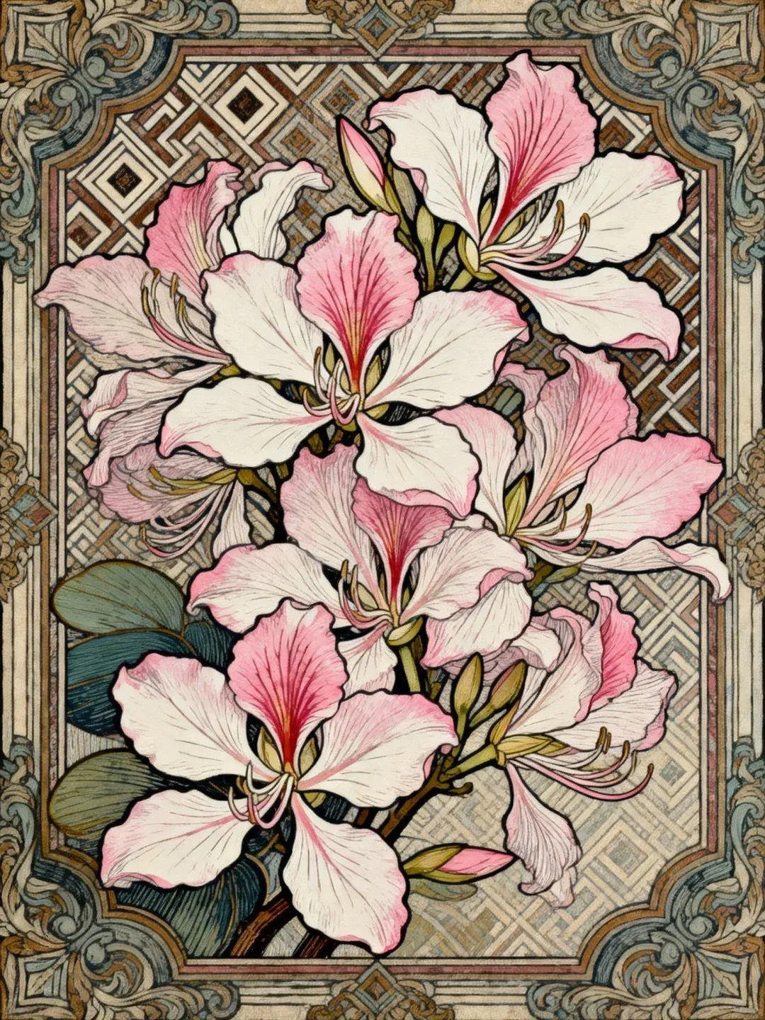 Nahaufnahme der facettenreichen Steine und des geometrischen Rahmens für das Antike Blumenkunst Set