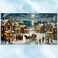 Illustration eines verschneiten Küstendorfes zu Weihnachten mit Pferdeschlitten, Leuchtturm und Schneemann im Mondschein.