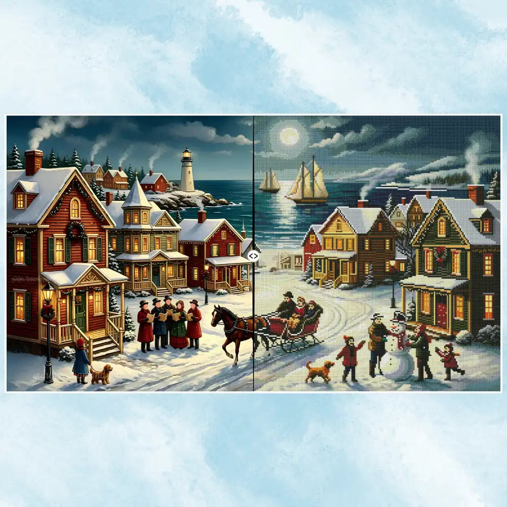 Illustration eines verschneiten Küstendorfes zu Weihnachten mit Pferdeschlitten, Leuchtturm und Schneemann im Mondschein.