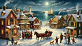 Illustration eines verschneiten Küstendorfes zu Weihnachten mit Pferdeschlitten, Leuchtturm und Schneemann im Mondschein.