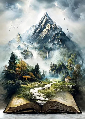 Detailansicht der hochauflösenden Leinwand mit klaren Symbolen für das Fantasie-Buch Motiv.