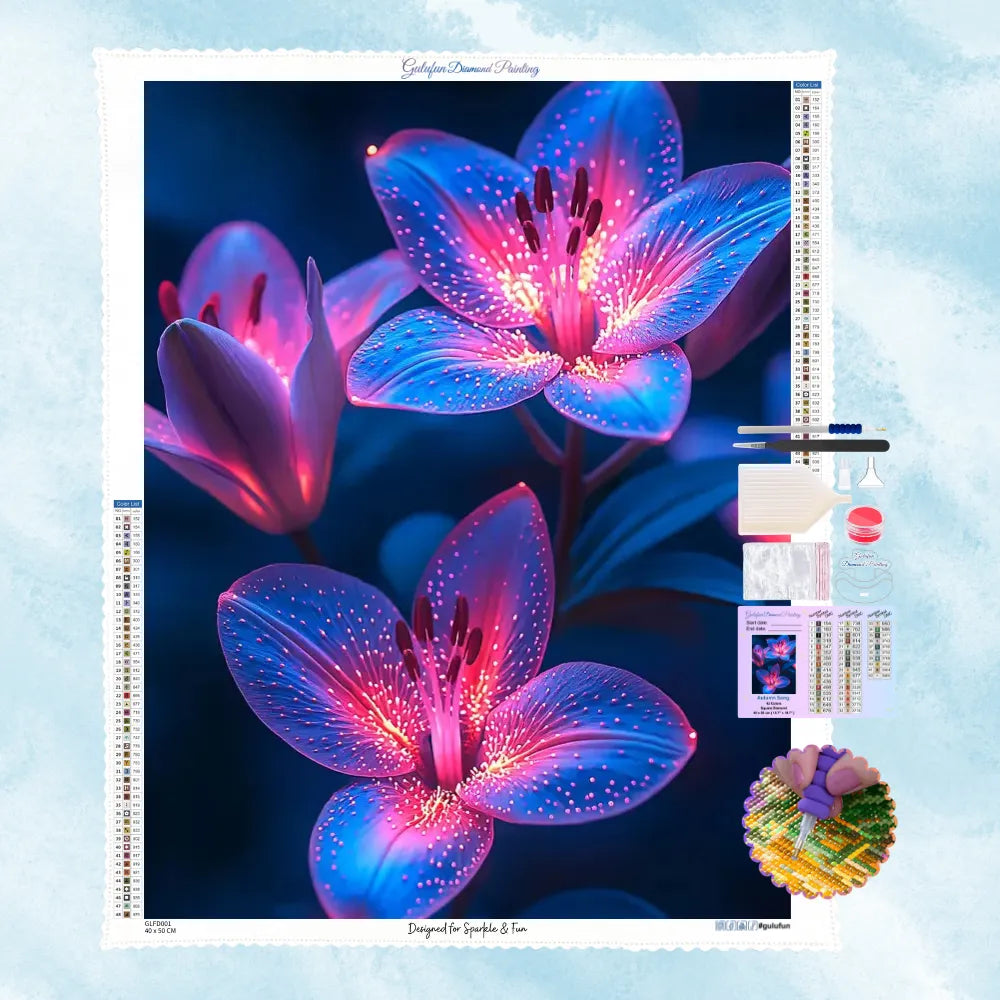 5D Diamond Painting Motiv: Magisch leuchtende Lilien in tiefem Blau und strahlendem Neon-Pink mit funkelnden Lichtpunkten auf den Blüten.