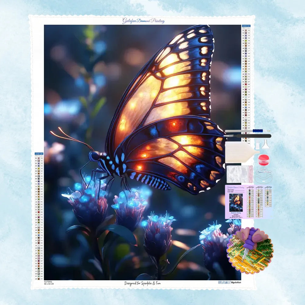 5D Diamond Painting Motiv: Ein magisch leuchtender Schmetterling mit gold-orangen Flügeln sitzt auf kleinen, blau schimmernden Blüten in der Dämmerung.