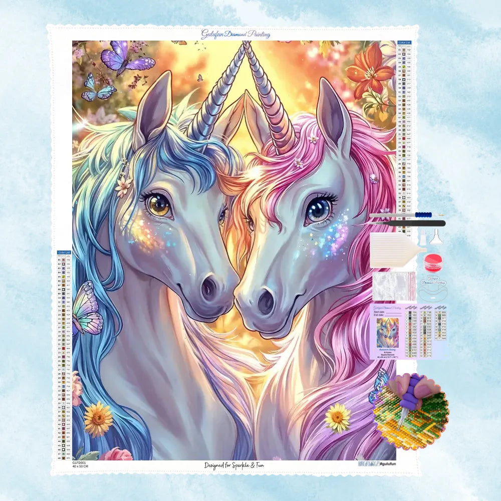 5D Diamond Painting Motiv: Zwei wunderschöne Einhörner mit blauer und rosafarbener Mähne, die ihre Hörner berühren, umgeben von Schmetterlingen und Blumen im Sonnenlicht.
