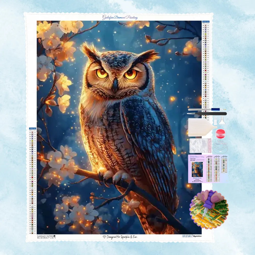 5D Diamond Painting Motiv: Eine majestätische Eule mit goldenen Augen sitzt auf einem Ast mit sanft leuchtenden weißen Blüten in einem magischen, blauen Zauberwald.