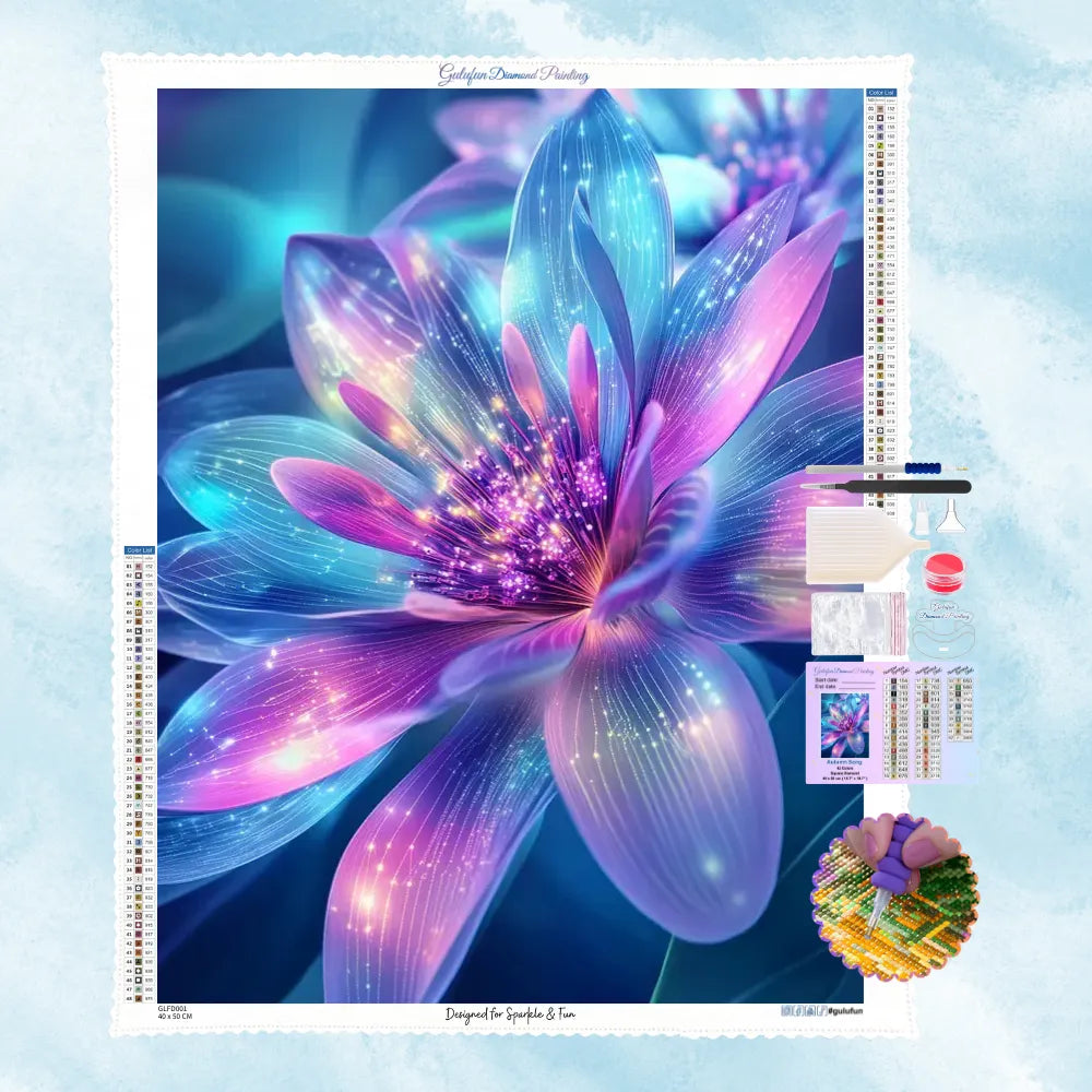 5D Diamond Painting Motiv: Eine ätherische, magisch leuchtende Blume in Neonblau und Violett, deren feine Blütenblätter mit funkelndem Sternenstaub überzogen sind.