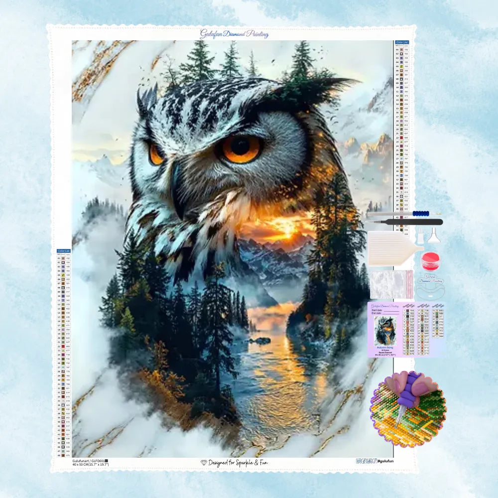5D Diamond Painting Motiv: Das Gesicht einer Eule mit orangen Augen, deren Gefieder fließend in eine verschneite Berglandschaft mit Tannen und Sonnenuntergang übergeht.