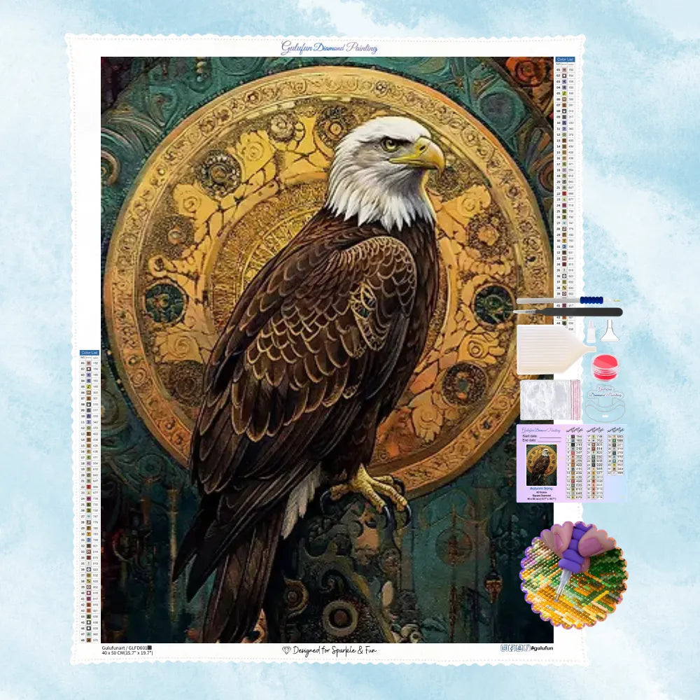 5D Diamond Painting Motiv: Ein stolzer Weißkopfseeadler vor einem filigranen, goldenen Ornament mit türkisfarbenen Akzenten.