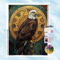 5D Diamond Painting Motiv: Ein stolzer Weißkopfseeadler vor einem filigranen, goldenen Ornament mit türkisfarbenen Akzenten.